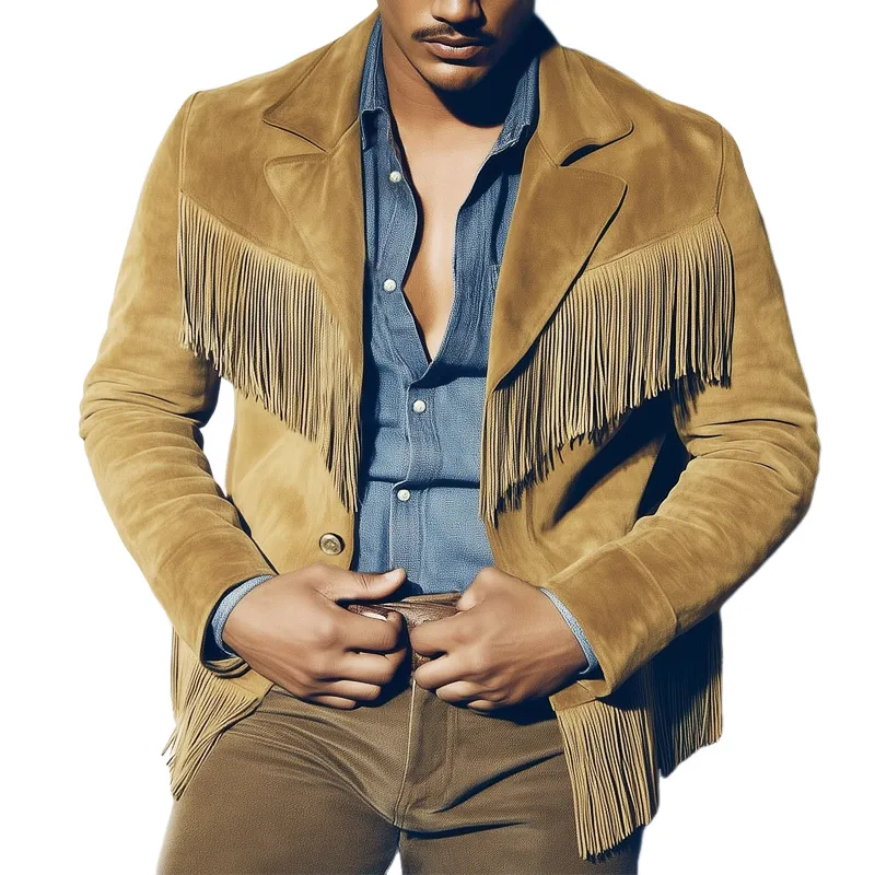 Men's Western Style Notched Lapel Fringe Suede Jacket MTA2602H8U sold by Manly