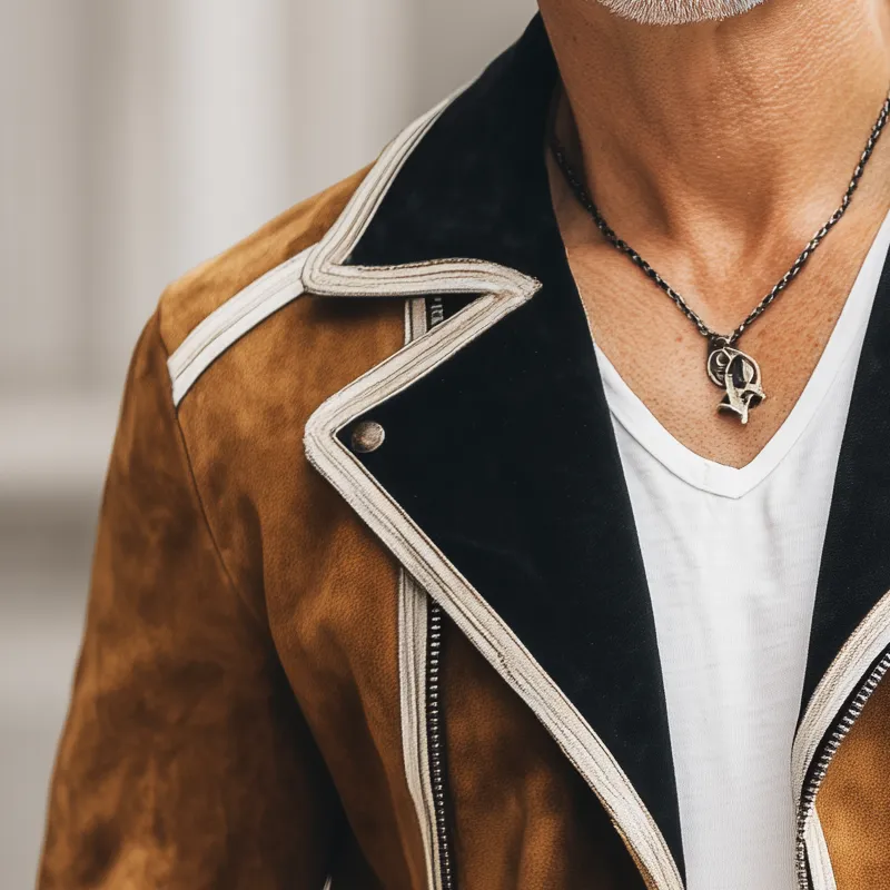 Men's Vintage Colorblock Notched Lapel Zipper Suede Jacket MTA2512H9U sold by Manly product image thumbnail 3