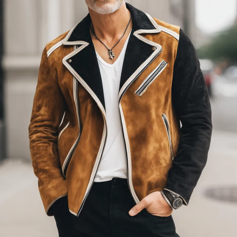 Men's Vintage Colorblock Notched Lapel Zipper Suede Jacket MTA2512H9U sold by Manly product image thumbnail 2