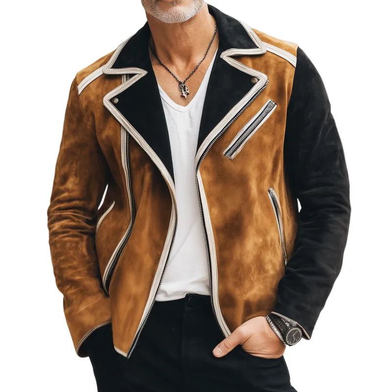 Men's Vintage Colorblock Notched Lapel Zipper Suede Jacket MTA2512H9U sold by Manly