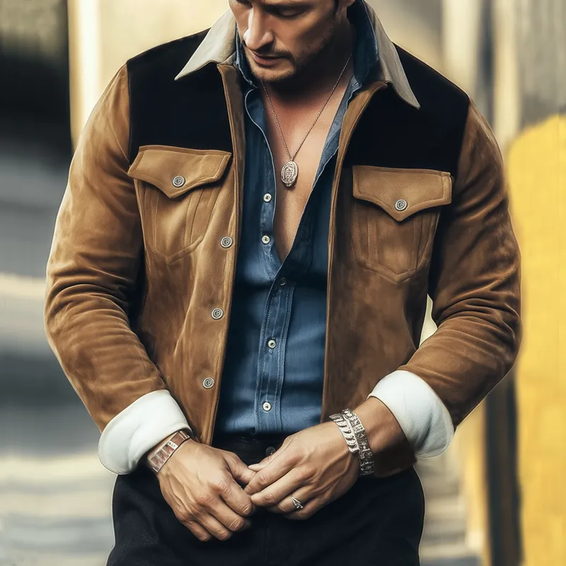 Men's Spring And Autumn Retro Colorblock Suede Jacket MTA2764H1U sold by Manly product image thumbnail 2