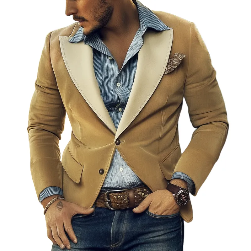 Men's Business Classic Colorblock Collar Suede Two-Button Blazer MTA2712H3U sold by Manly