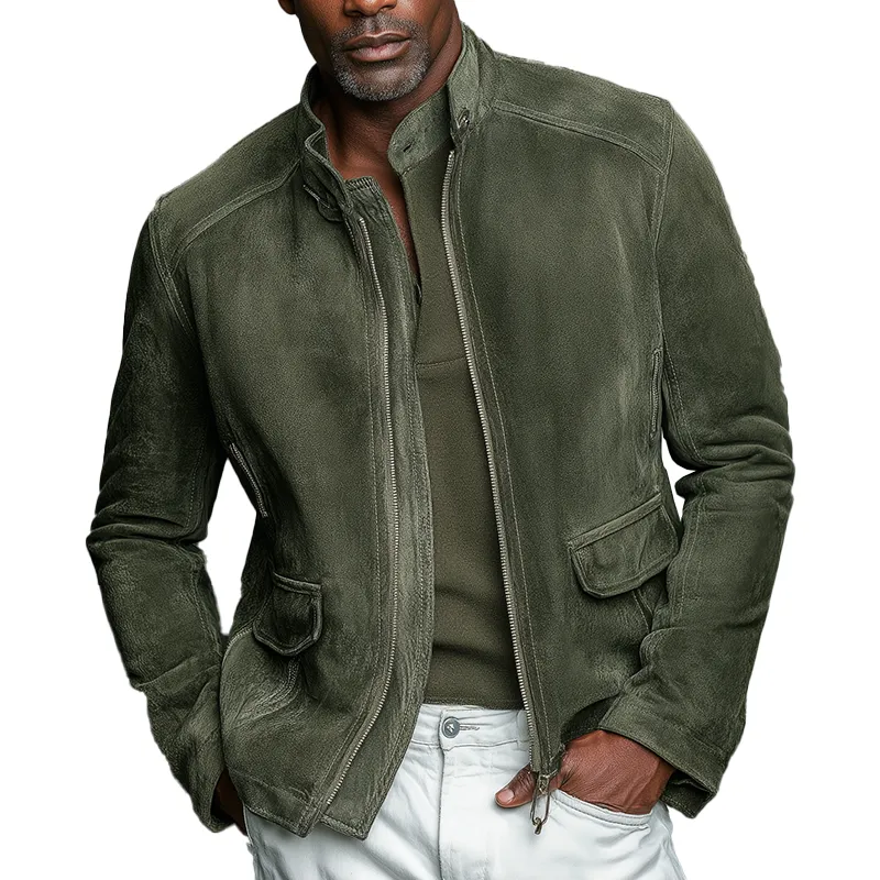 Men's Solid Color Faux Suede Vintage Stand Collar Baseball Jacket MTA2776H8P sold by Manly