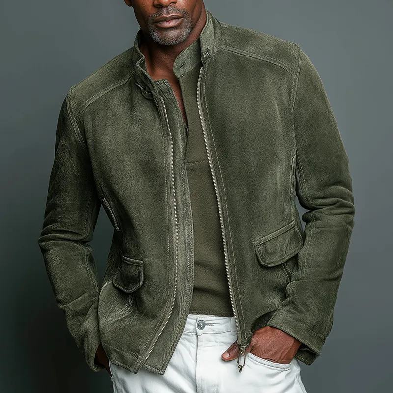 Men's Solid Color Faux Suede Vintage Stand Collar Baseball Jacket MTA2776H8P sold by Manly product image thumbnail 2