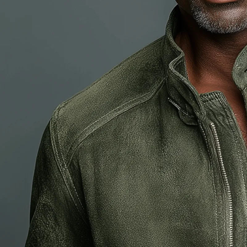 Men's Solid Color Faux Suede Vintage Stand Collar Baseball Jacket MTA2776H8P sold by Manly product image thumbnail 3