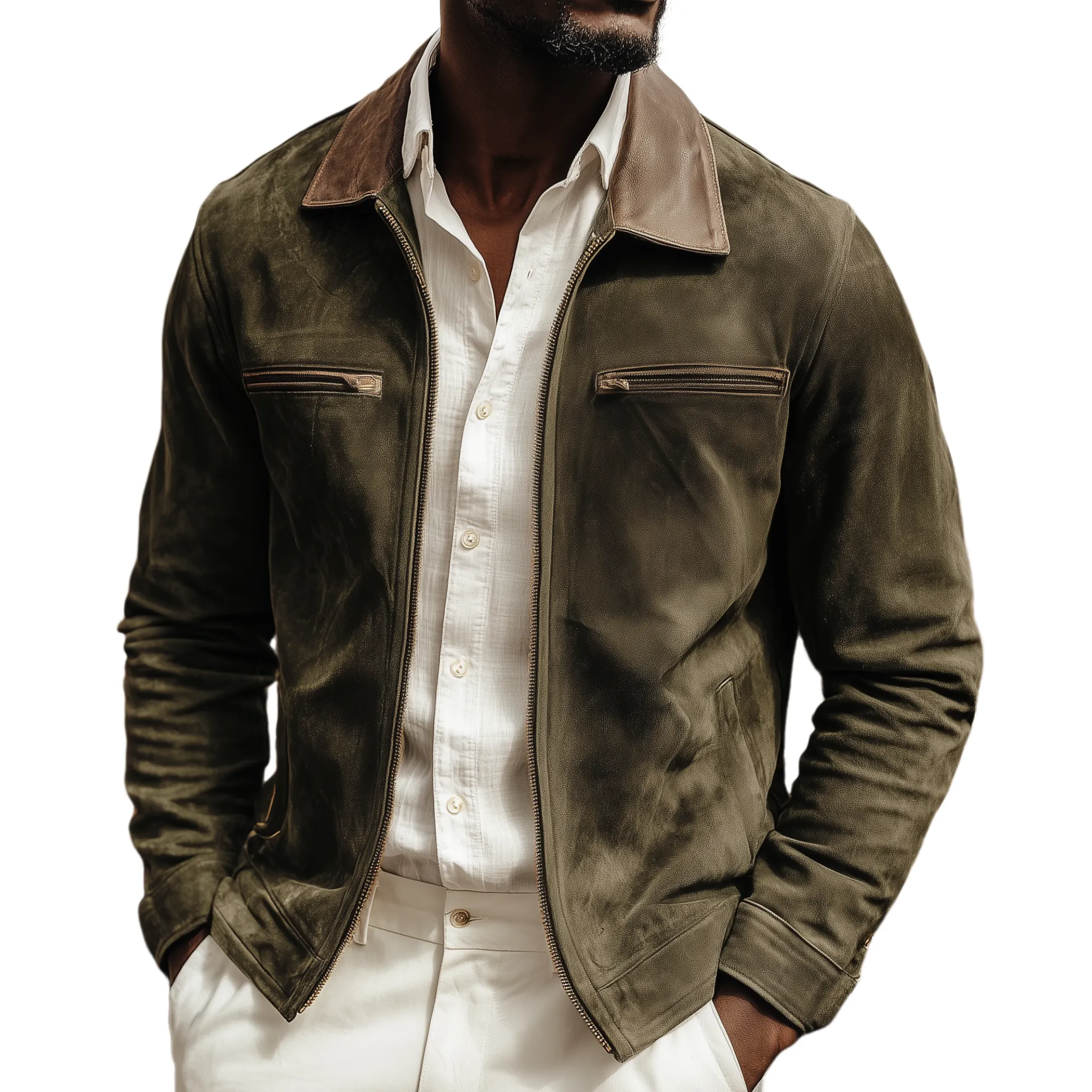 Men's Classic Casual PU Leather Lapel Placket Zipper Suede Jacket MTA2728H2K sold by Manly