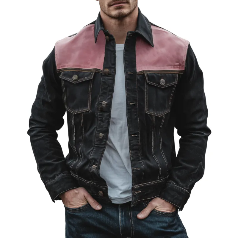 Men's Classic Casual Shoulder Stitching Pink Suede Lapel Denim Jacket MTA2621H3K sold by Manly