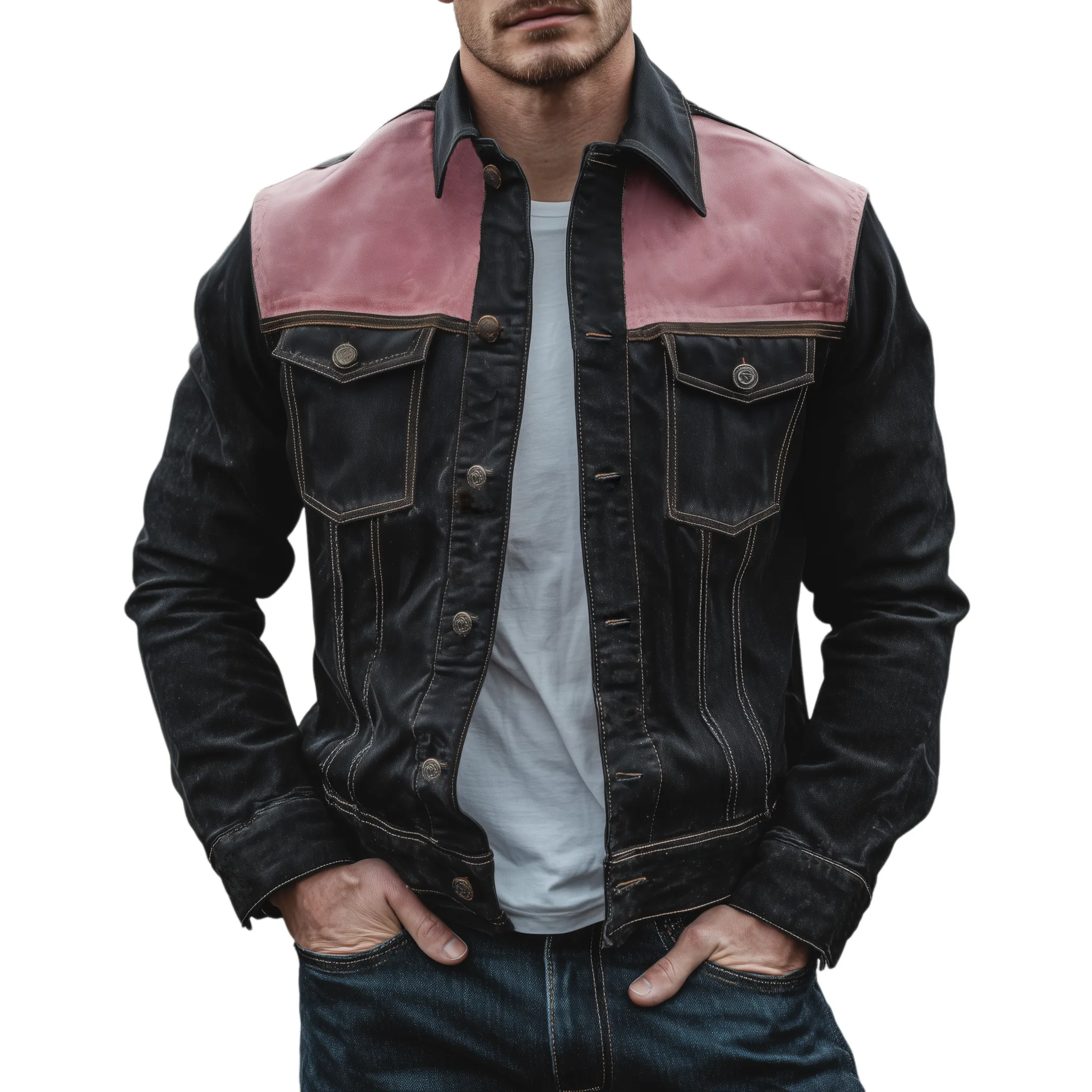 Men's Classic Casual Shoulder Stitching Pink Suede Lapel Denim Jacket MTA2621H3K sold by Manly