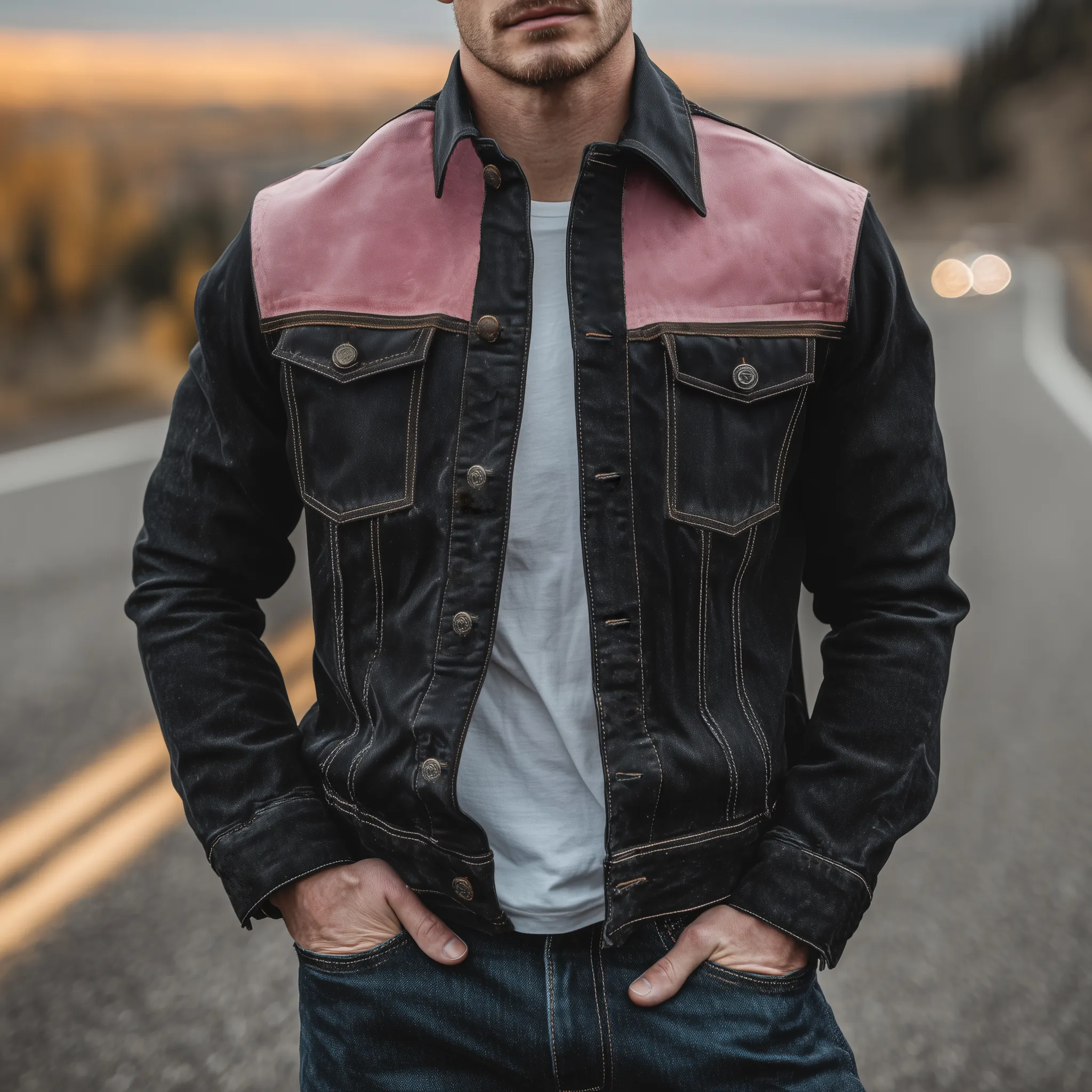 Men's Classic Casual Shoulder Stitching Pink Suede Lapel Denim Jacket MTA2621H3K sold by Manly product image thumbnail 2