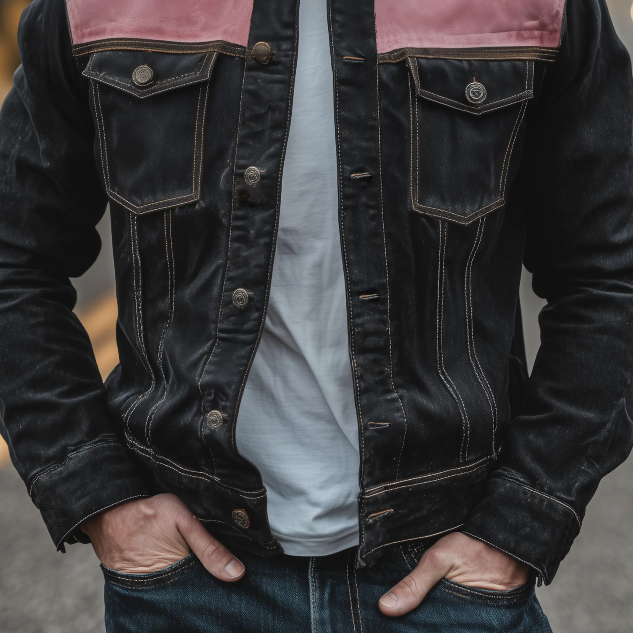 Men's Classic Casual Shoulder Stitching Pink Suede Lapel Denim Jacket MTA2621H3K sold by Manly product image thumbnail 4