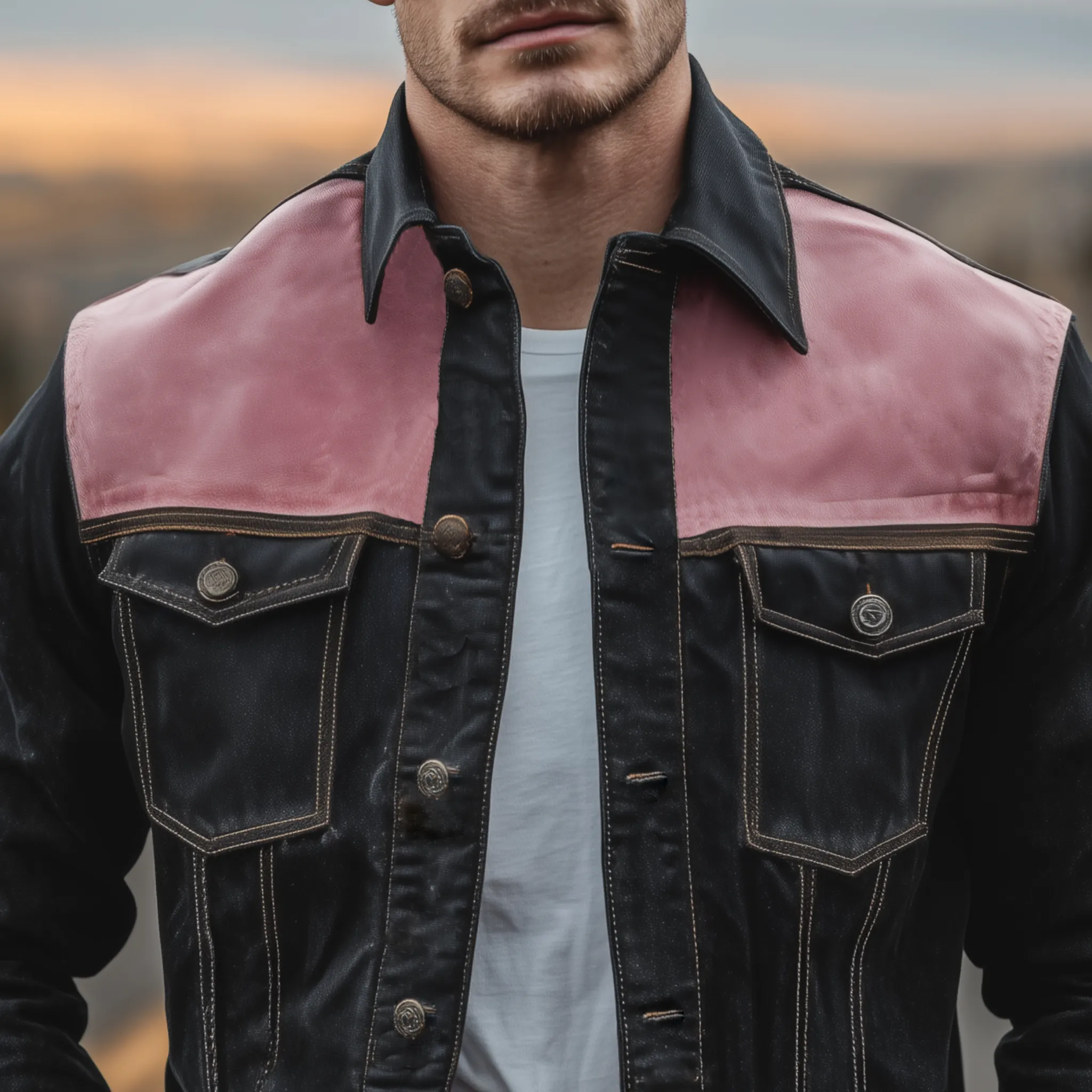 Men's Classic Casual Shoulder Stitching Pink Suede Lapel Denim Jacket MTA2621H3K sold by Manly product image thumbnail 3