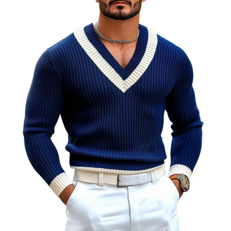 Men's Vintage Contrast V Neck Slim Fit Knit Long Sleeve Pullover Sweater MTA2709H9M sold by Manly
