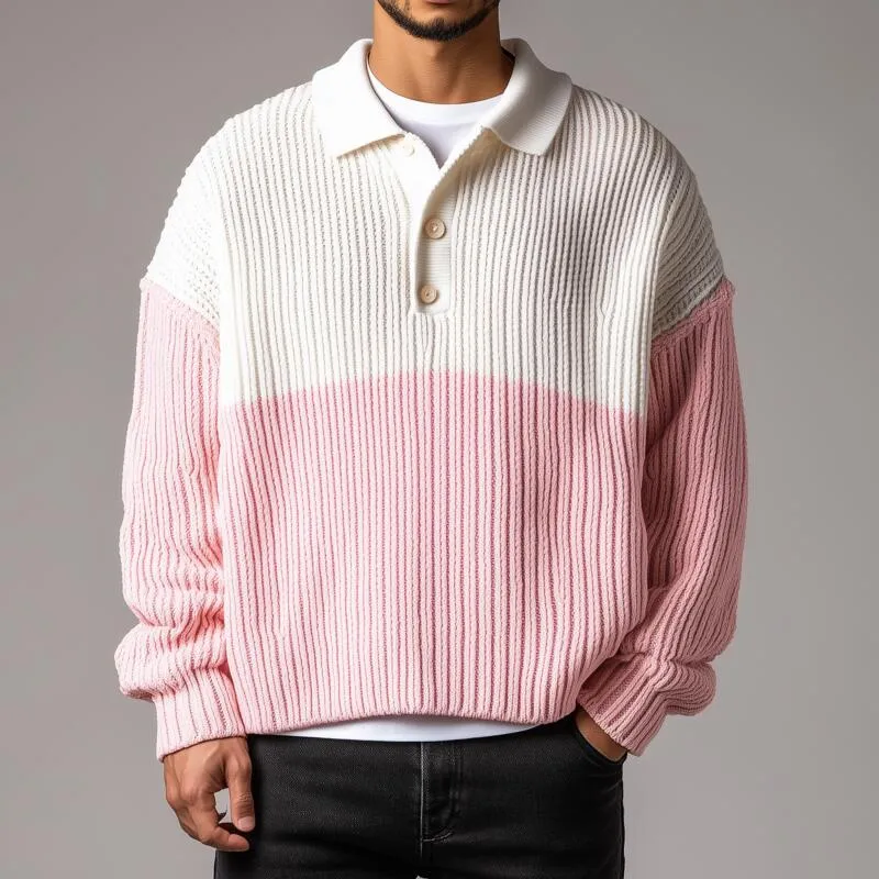 Men's Casual Contrast Color Polo Collar Loose Knit Long Sleeve Pullover Sweater MTA2716H0M sold by Manly product image thumbnail 2