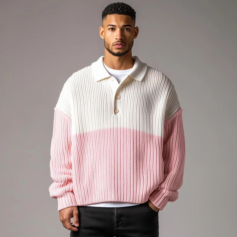 Men's Casual Contrast Color Polo Collar Loose Knit Long Sleeve Pullover Sweater MTA2716H0M sold by Manly product image thumbnail 3