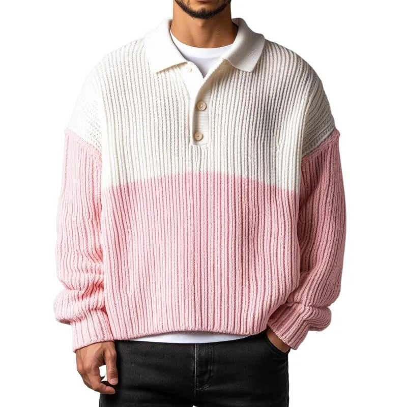 Men's Casual Contrast Color Polo Collar Loose Knit Long Sleeve Pullover Sweater MTA2716H0M sold by Manly