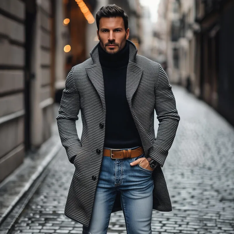 Men's Vintage Wool Blend Houndstooth Notch Lapel Single-breasted Loose Mid-length Coat MTA2524H4M sold by Manly product image thumbnail 3