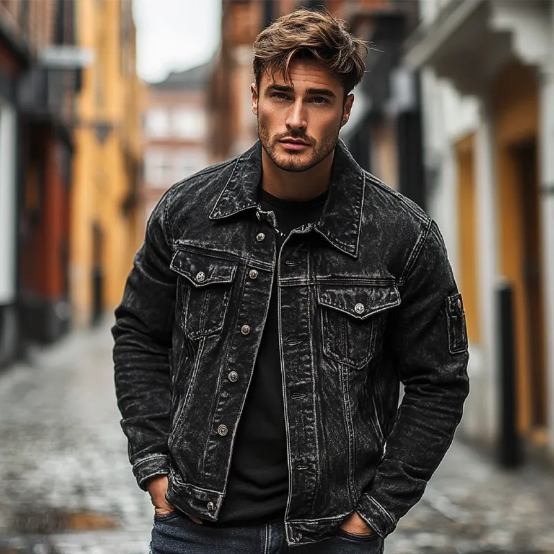 Men's Vintage Washed Distressed Lapel Denim Jacket MTA2523H4X sold by Manly product image thumbnail 5