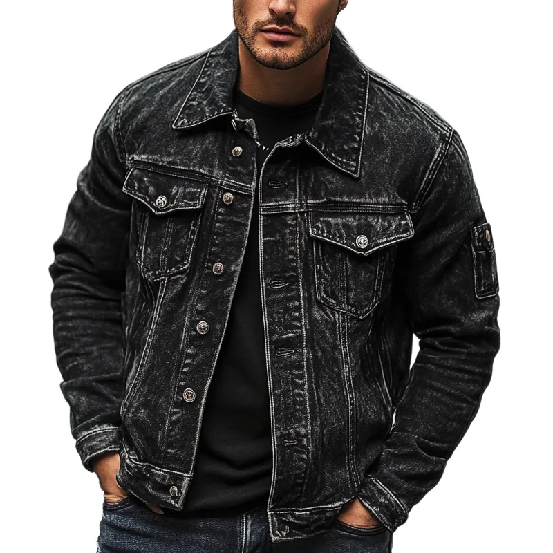 Men's Vintage Washed Distressed Lapel Denim Jacket MTA2523H4X sold by Manly