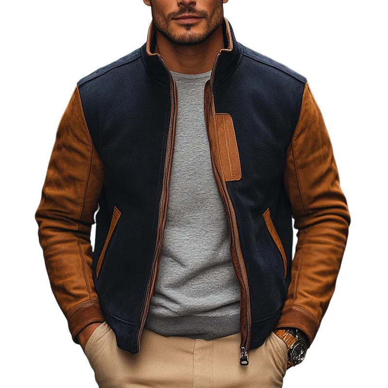 Men's Contrasting Faux Suede Stand Collar Jacket MTA2629H5X sold by Manly