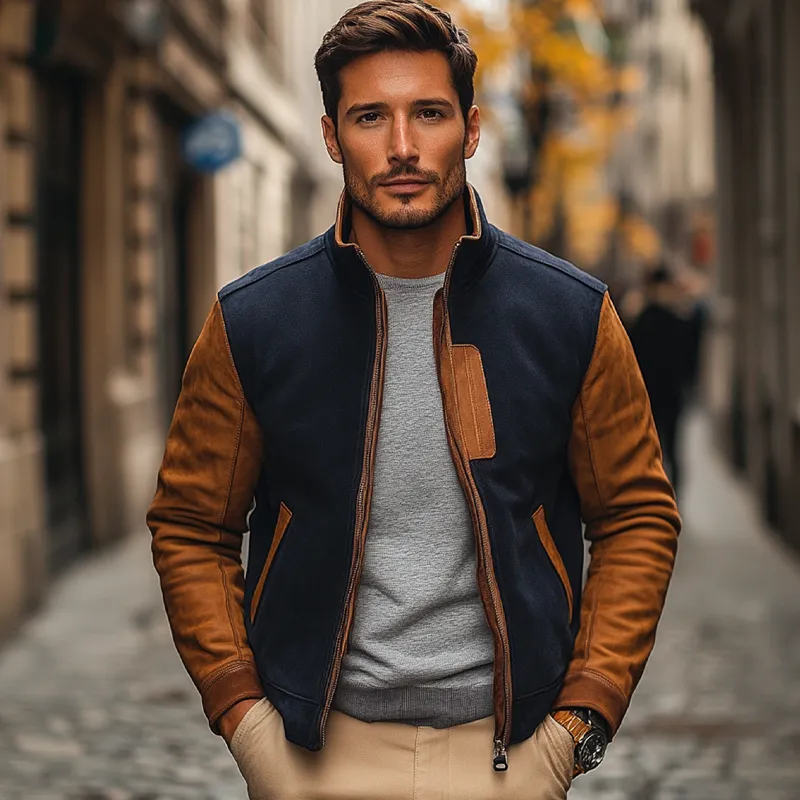 Men's Contrasting Faux Suede Stand Collar Jacket MTA2629H5X sold by Manly product image thumbnail 4