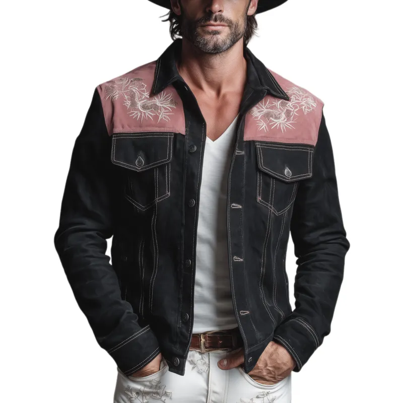 Men's Classic Retro Western Style Pink And Black Suede Patchwork Embroidered Jacket MTA2696H6K sold by Manly