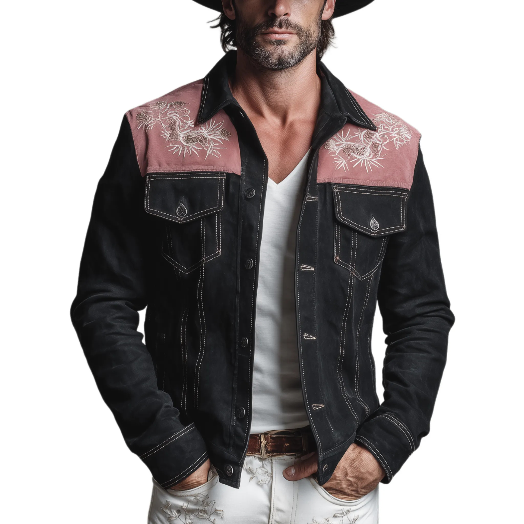 Men's Classic Retro Western Style Pink And Black Suede Patchwork Embroidered Jacket MTA2696H6K sold by Manly
