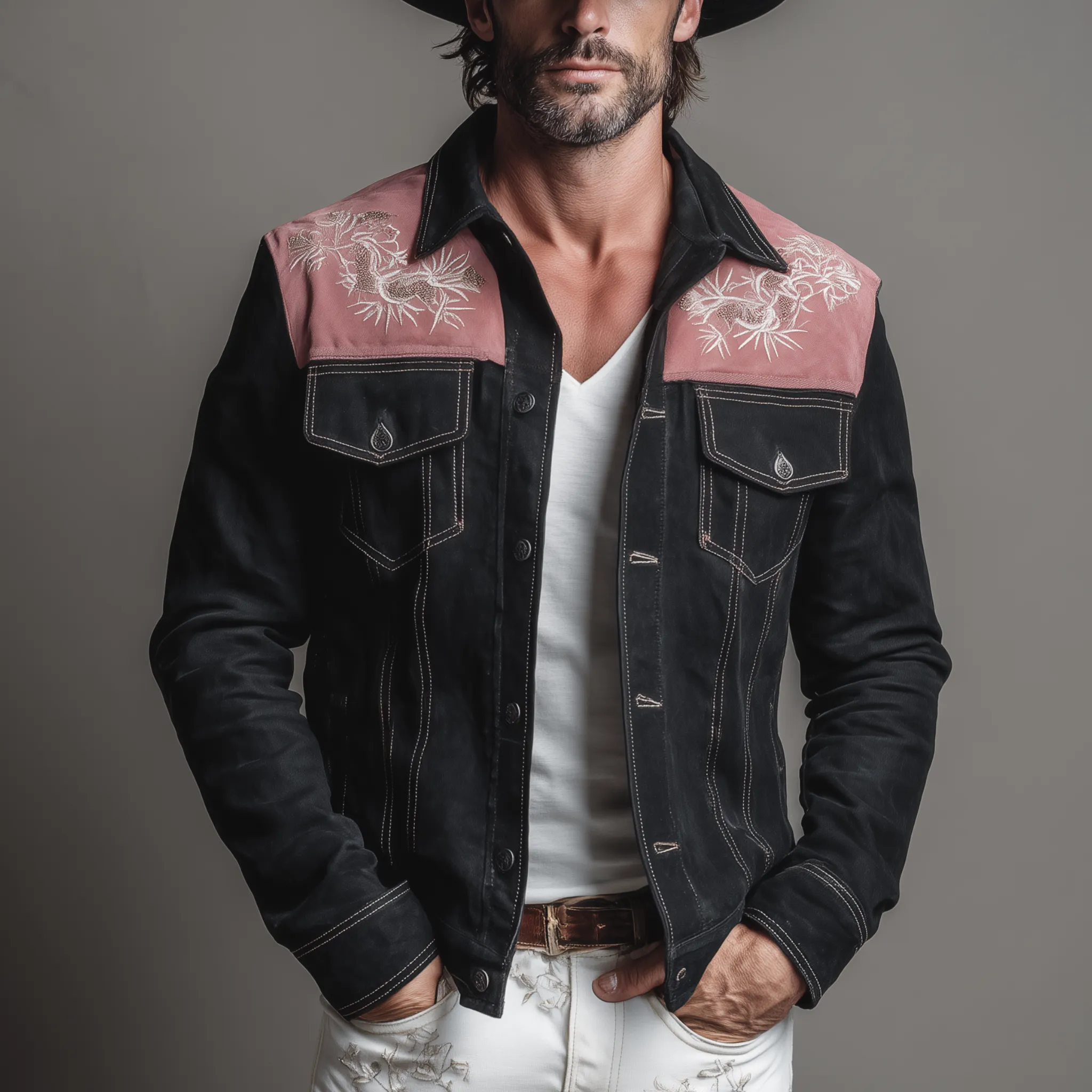 Men's Classic Retro Western Style Pink And Black Suede Patchwork Embroidered Jacket MTA2696H6K sold by Manly product image thumbnail 2