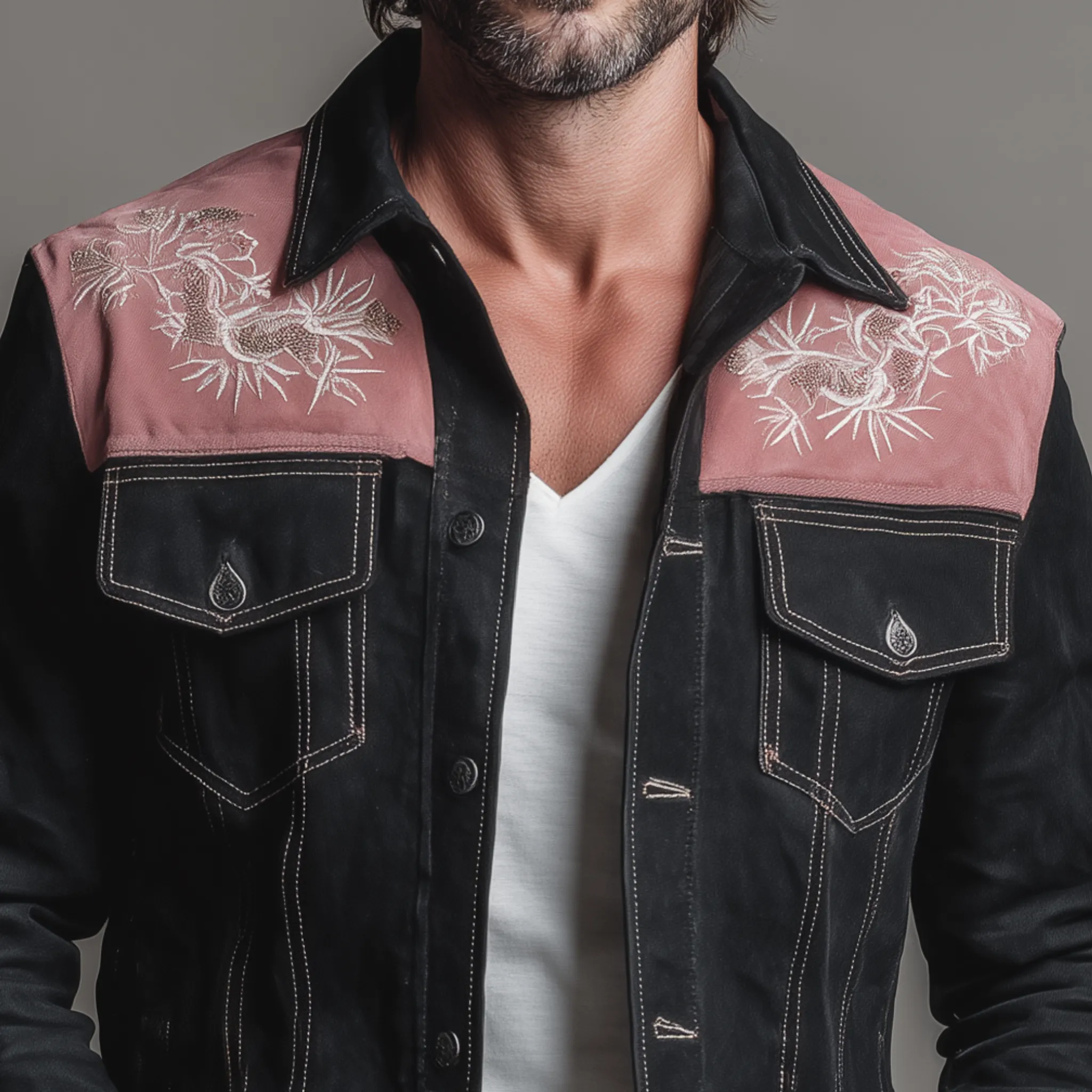 Men's Classic Retro Western Style Pink And Black Suede Patchwork Embroidered Jacket MTA2696H6K sold by Manly product image thumbnail 4
