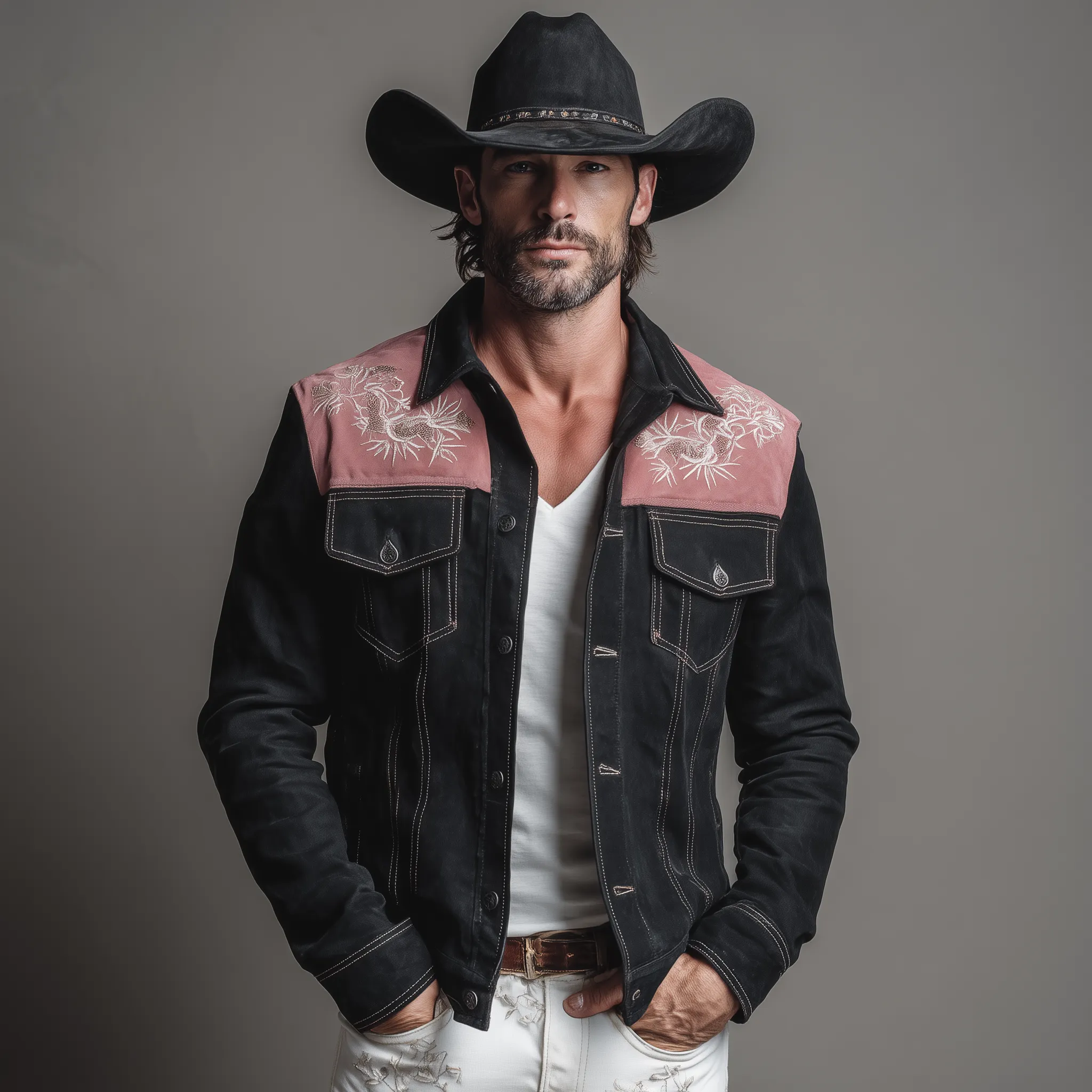 Men's Classic Retro Western Style Pink And Black Suede Patchwork Embroidered Jacket MTA2696H6K sold by Manly product image thumbnail 3