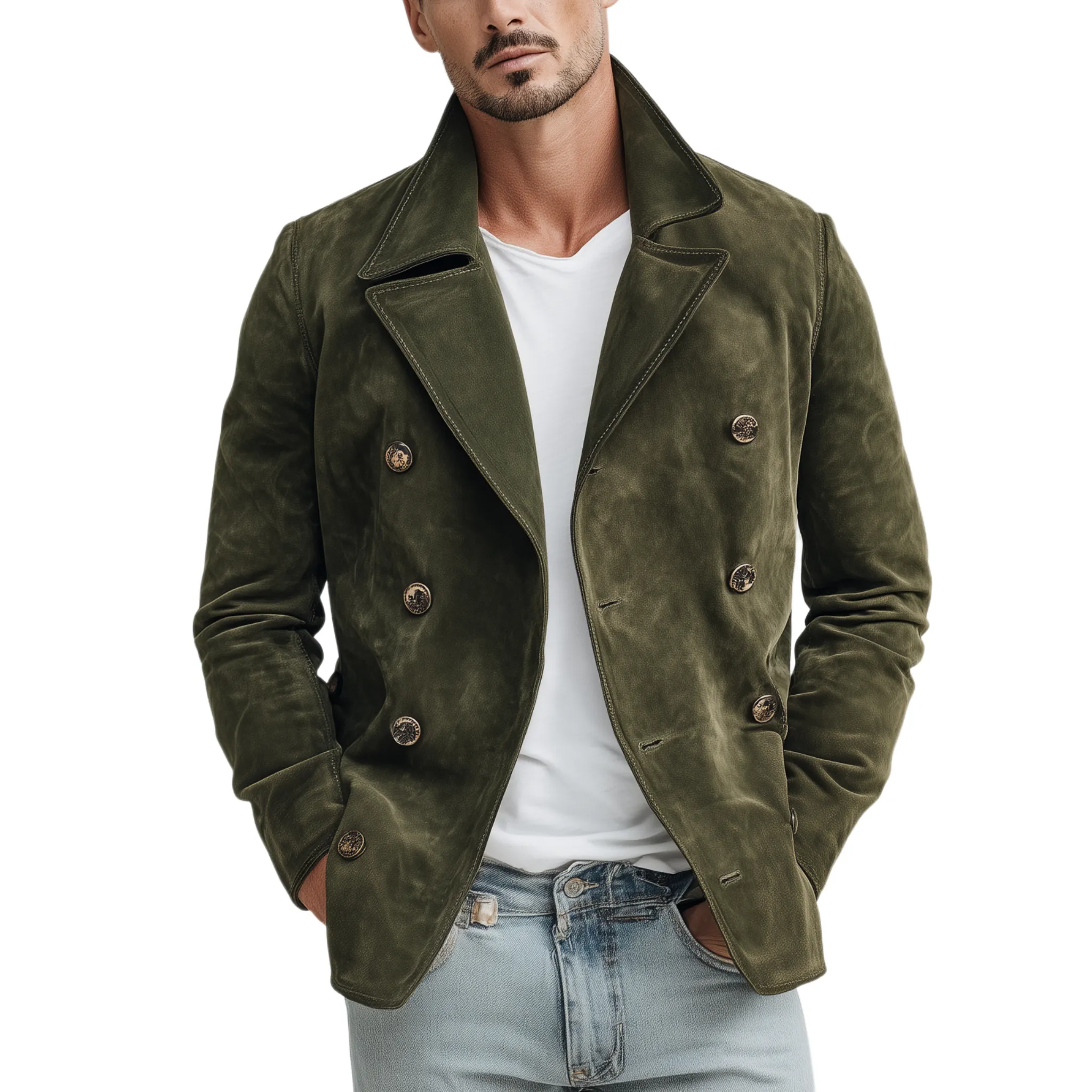 Men's Classic Casual Lapel Suede Double Breasted Jacket MTA2666H1K sold by Manly