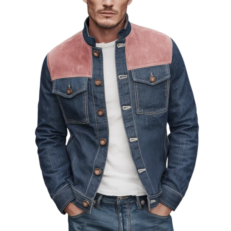 Men's Classic Casual Denim And Pink Suede Stand-up Collar Jacket MTA2657H7K sold by Manly