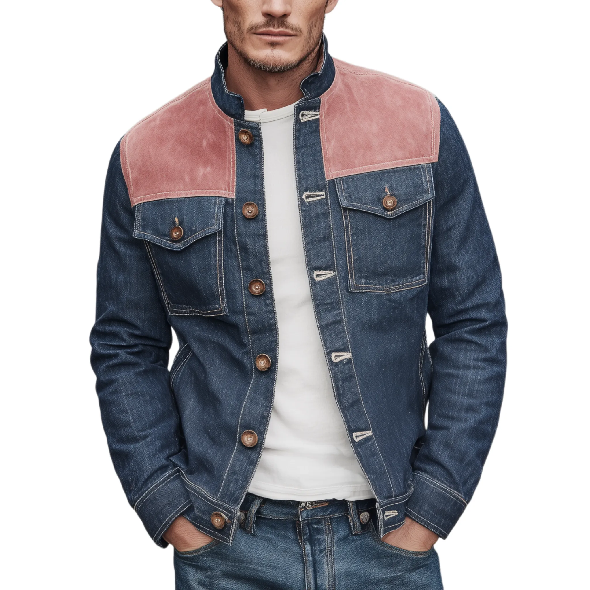 Men's Classic Casual Denim And Pink Suede Stand-up Collar Jacket MTA2657H7K sold by Manly
