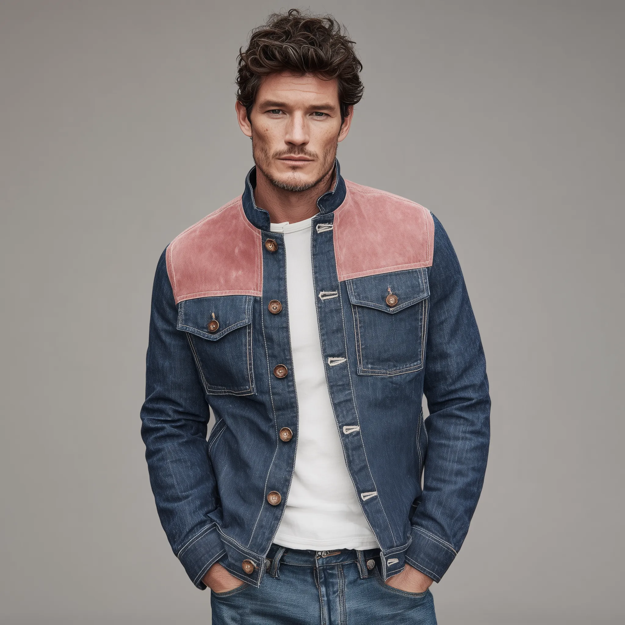 Men's Classic Casual Denim And Pink Suede Stand-up Collar Jacket MTA2657H7K sold by Manly product image thumbnail 3