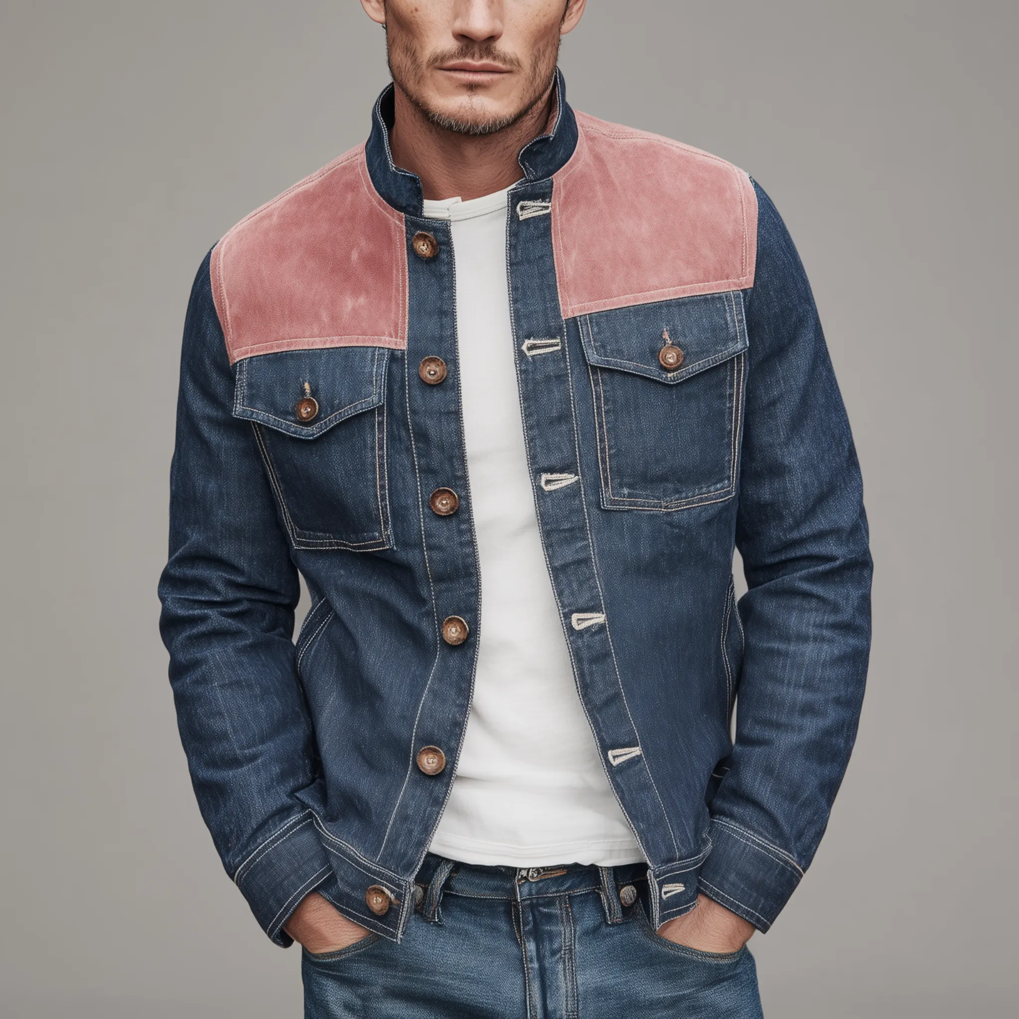 Men's Classic Casual Denim And Pink Suede Stand-up Collar Jacket MTA2657H7K sold by Manly product image thumbnail 2