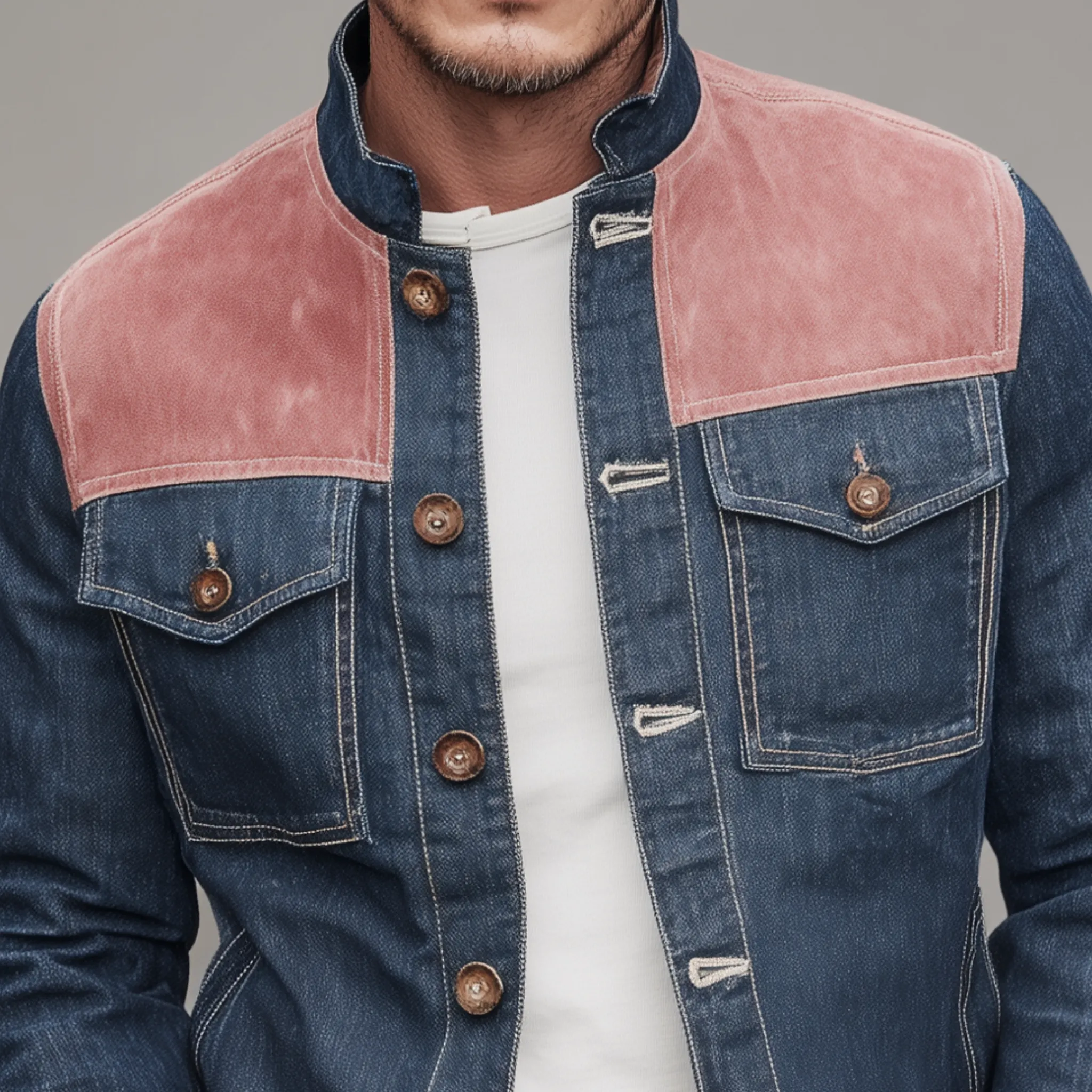 Men's Classic Casual Denim And Pink Suede Stand-up Collar Jacket MTA2657H7K sold by Manly product image thumbnail 4