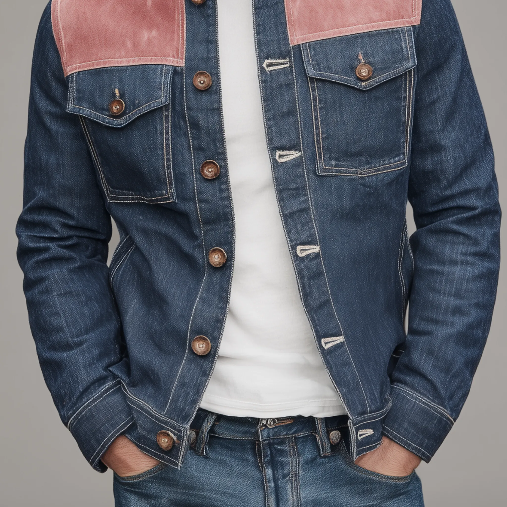 Men's Classic Casual Denim And Pink Suede Stand-up Collar Jacket MTA2657H7K sold by Manly product image thumbnail 5
