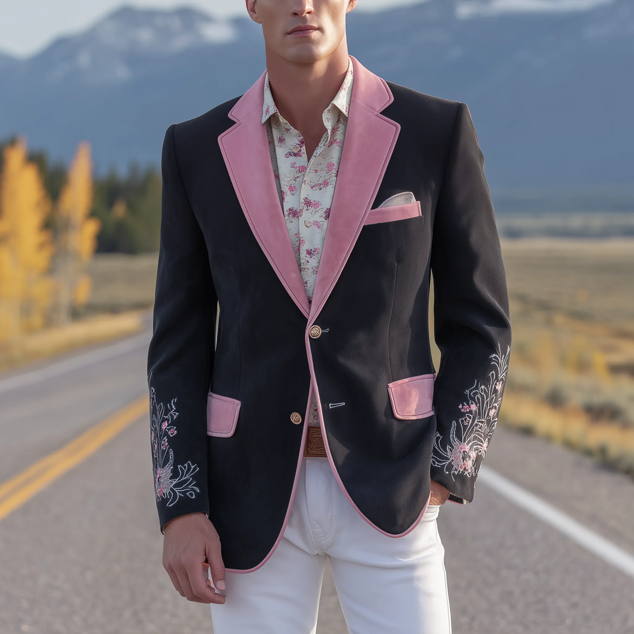 Men's Classic Retro Western Style Pink Suede And Cotton Blend Embroidered Single-breasted Blazer MTA2652H0K sold by Manly product image thumbnail 2