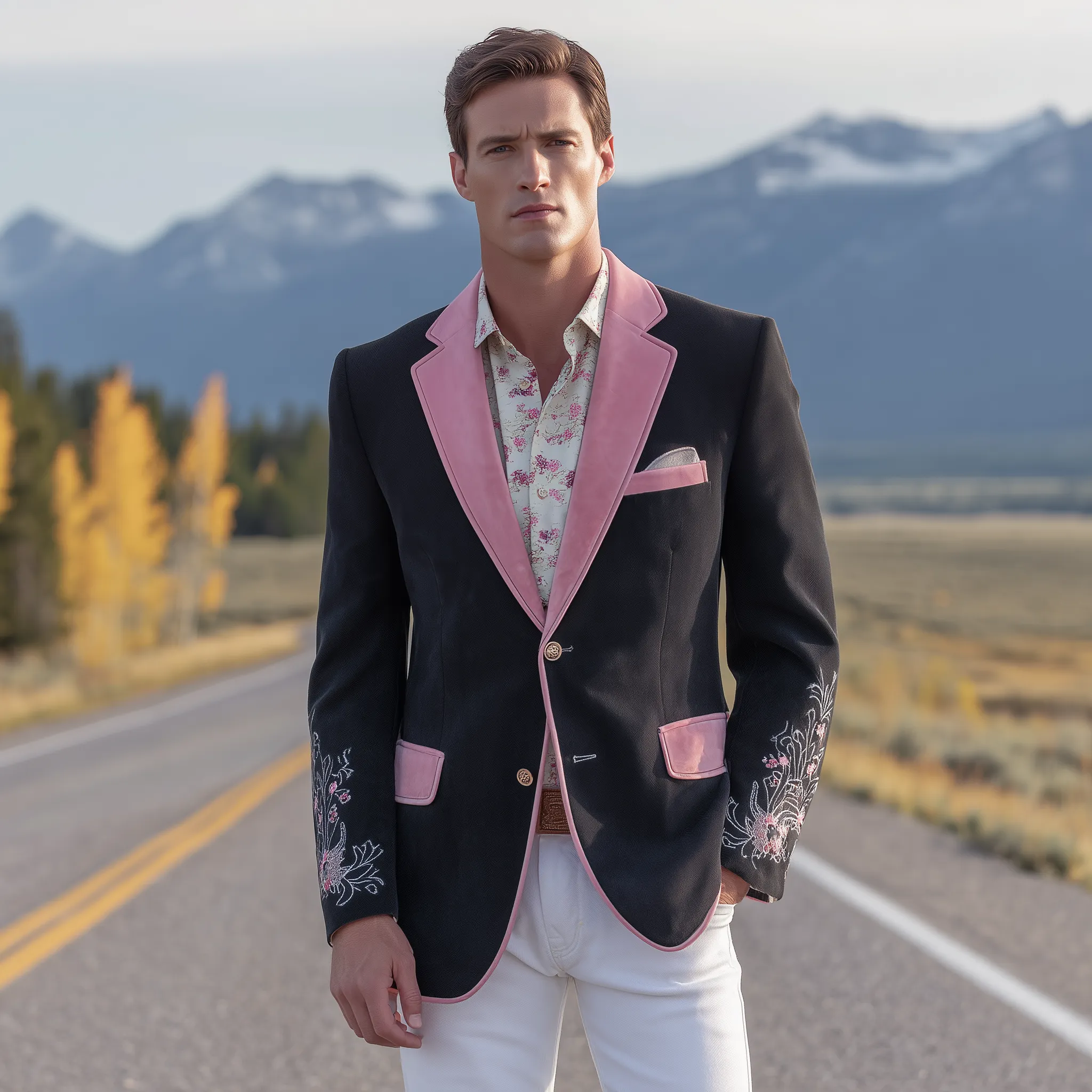 Men's Classic Retro Western Style Pink Suede And Cotton Blend Embroidered Single-breasted Blazer MTA2652H0K sold by Manly product image thumbnail 3