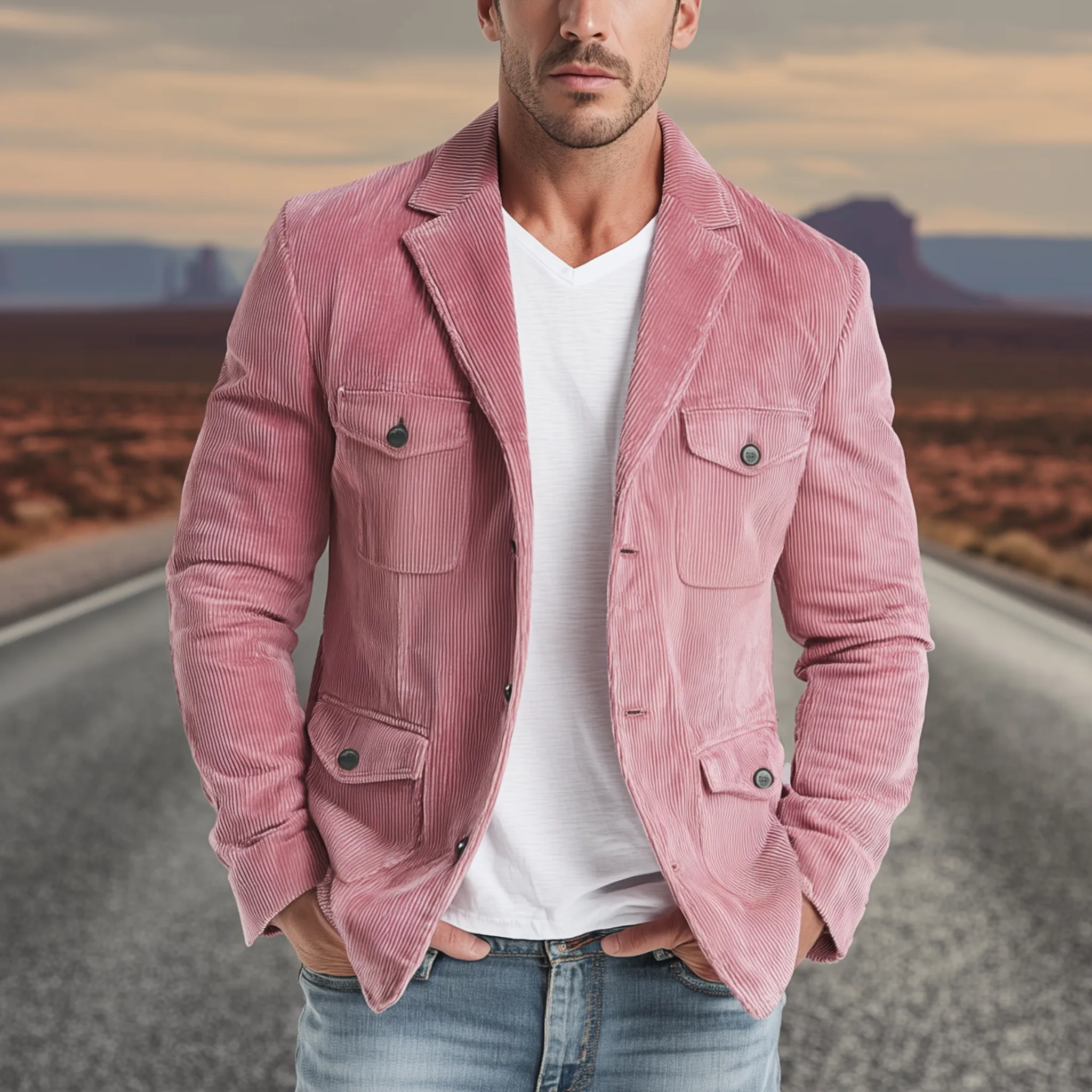Men's Classic Casual Western Style Pink Corduroy Multi-pocket Single-breasted Blazer MTA2535H1K sold by Manly product image thumbnail 2