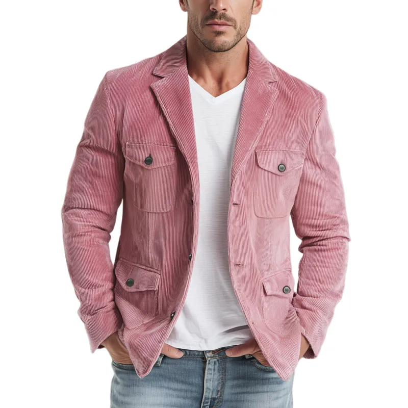Men's Classic Casual Western Style Pink Corduroy Multi-pocket Single-breasted Blazer MTA2535H1K sold by Manly