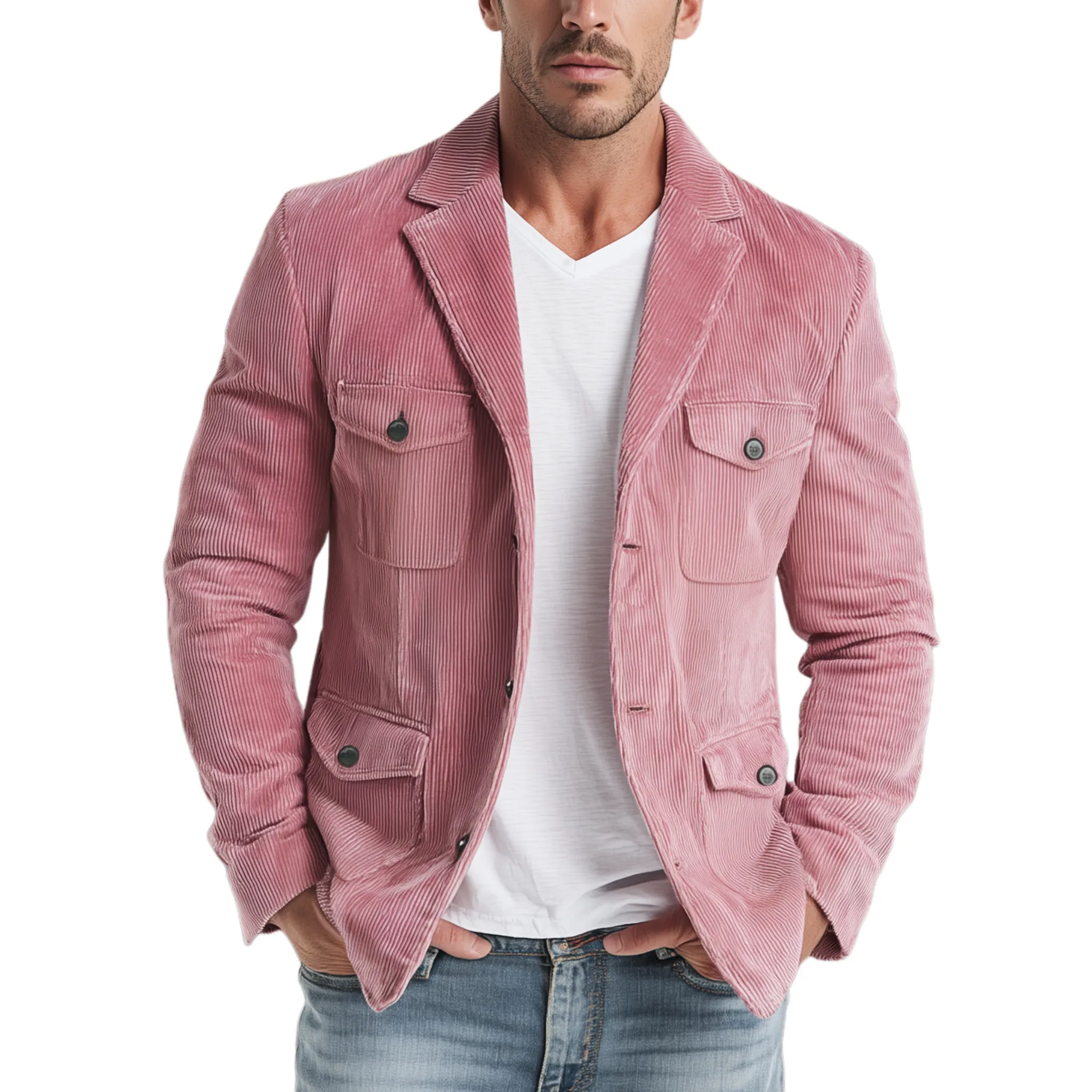 Men's Classic Casual Western Style Pink Corduroy Multi-pocket Single-breasted Blazer MTA2535H1K sold by Manly