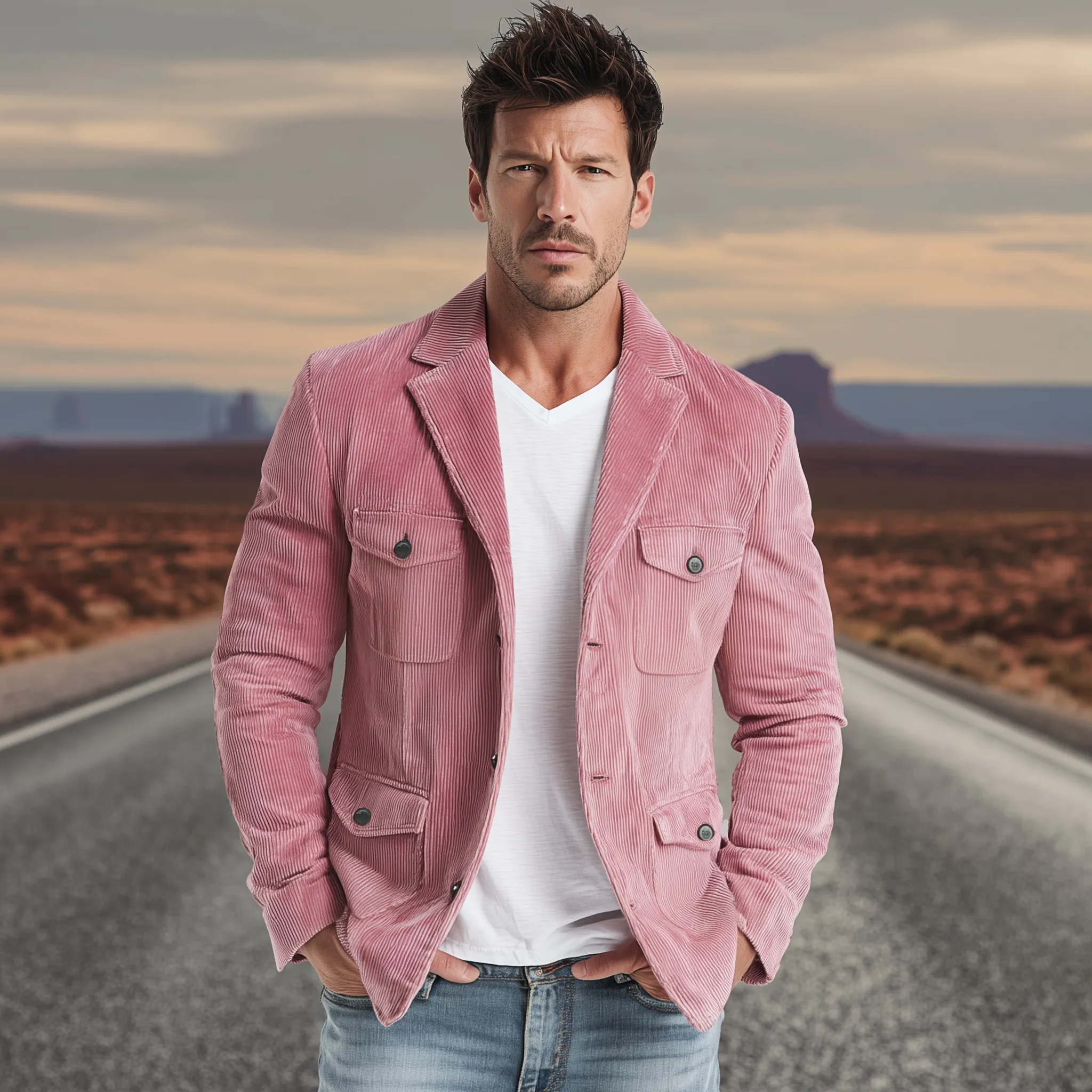 Men's Classic Casual Western Style Pink Corduroy Multi-pocket Single-breasted Blazer MTA2535H1K sold by Manly product image thumbnail 3