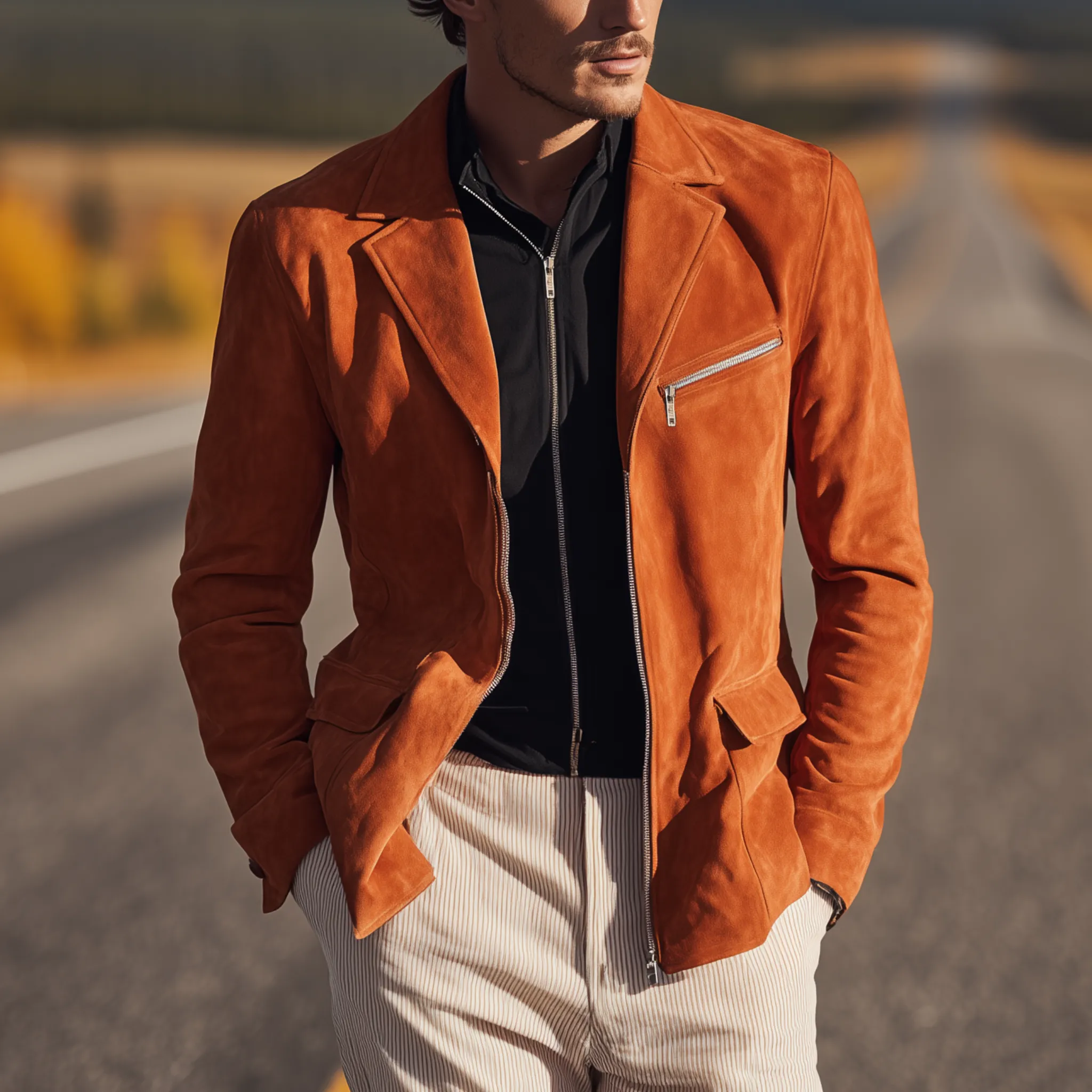 Men's Classic Casual Suede Zip-up Slim-fit Blazer MTA2603H7K sold by Manly product image thumbnail 2