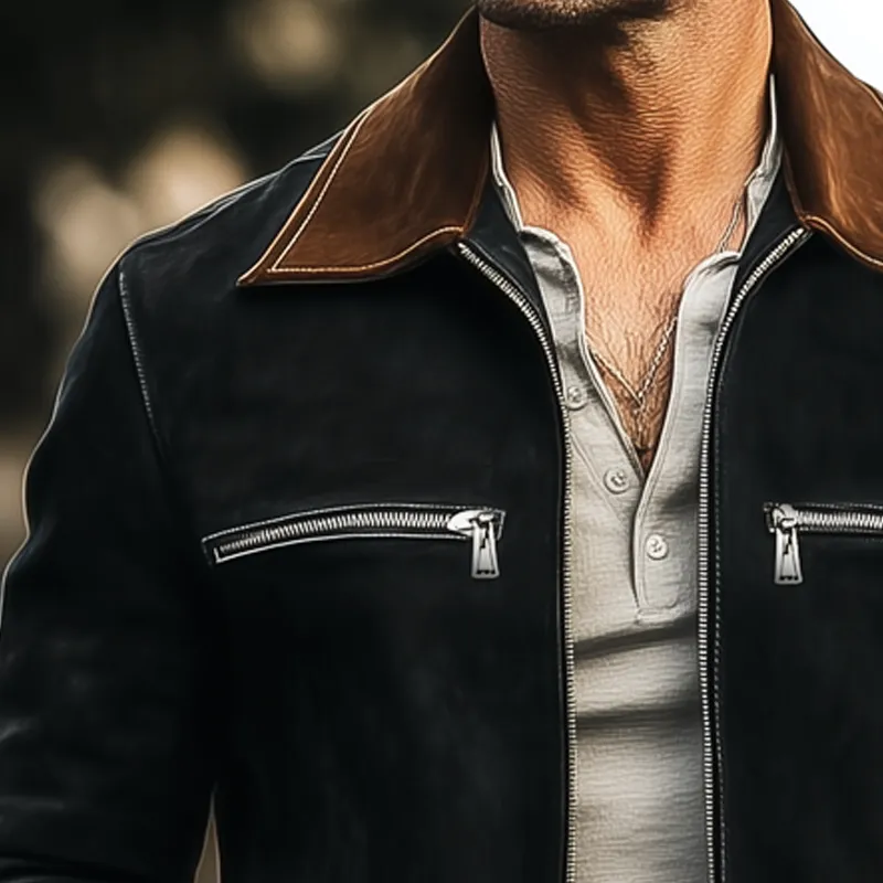 Men's Vintage Suede Colorblock Collar Zip-Up Jacket MTA2630H2U sold by Manly product image thumbnail 3