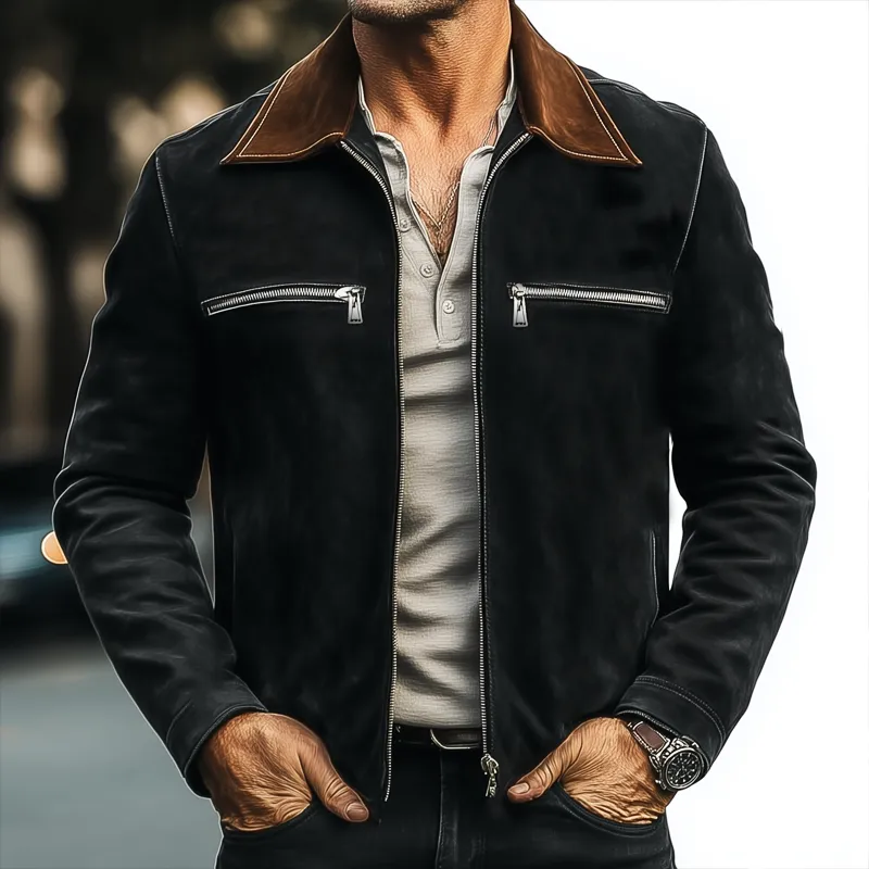 Men's Vintage Suede Colorblock Collar Zip-Up Jacket MTA2630H2U sold by Manly product image thumbnail 2