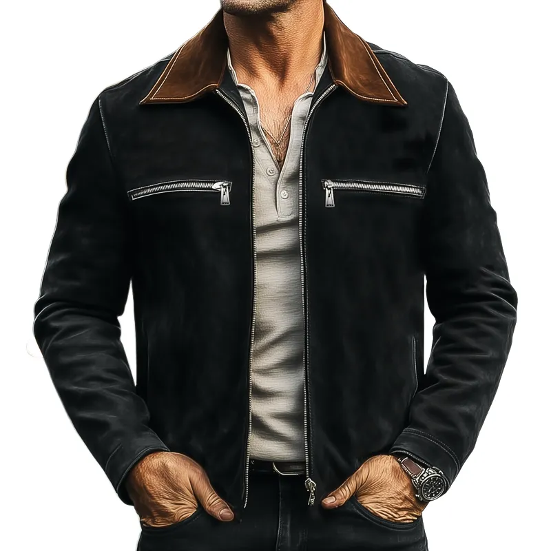Men's Vintage Suede Colorblock Collar Zip-Up Jacket MTA2630H2U sold by Manly