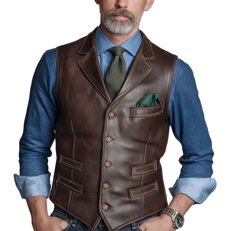 Men's Vintage Faux Pocket Textured Faux Leather Vest MTA2685H5P sold by Manly