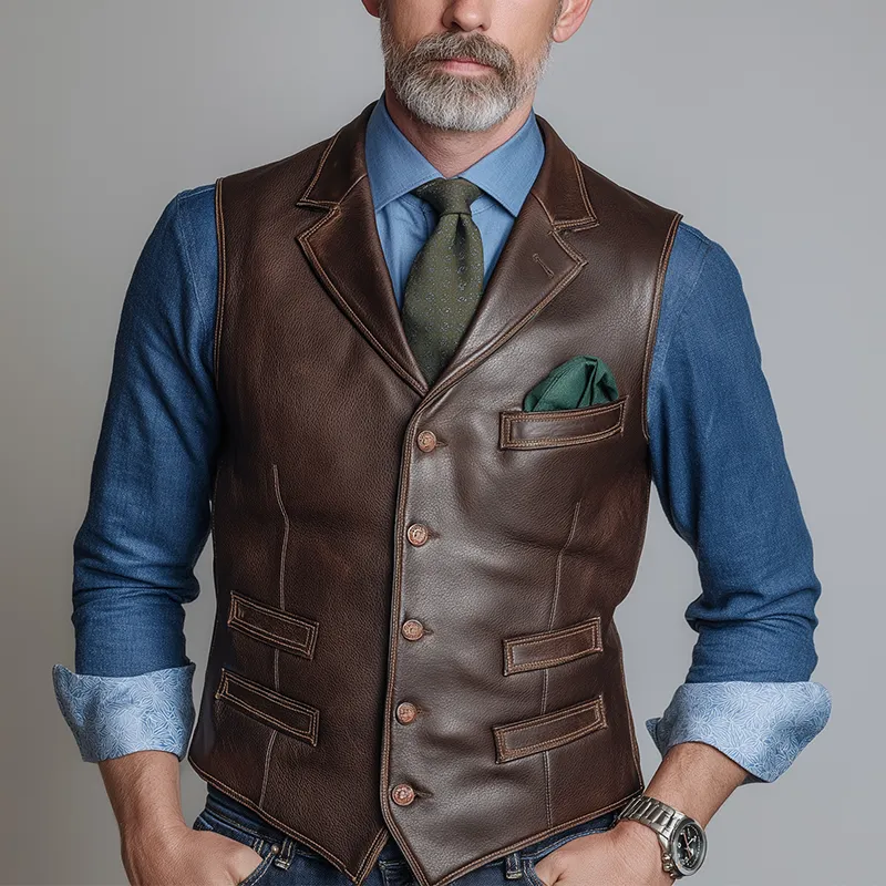 Men's Vintage Faux Pocket Textured Faux Leather Vest MTA2685H5P sold by Manly product image thumbnail 2