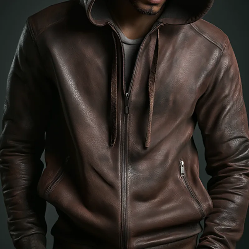 Men's Vintage Casual Distressed Hooded Leather Jacket MTA2536H8TO sold by Manly product image thumbnail 3