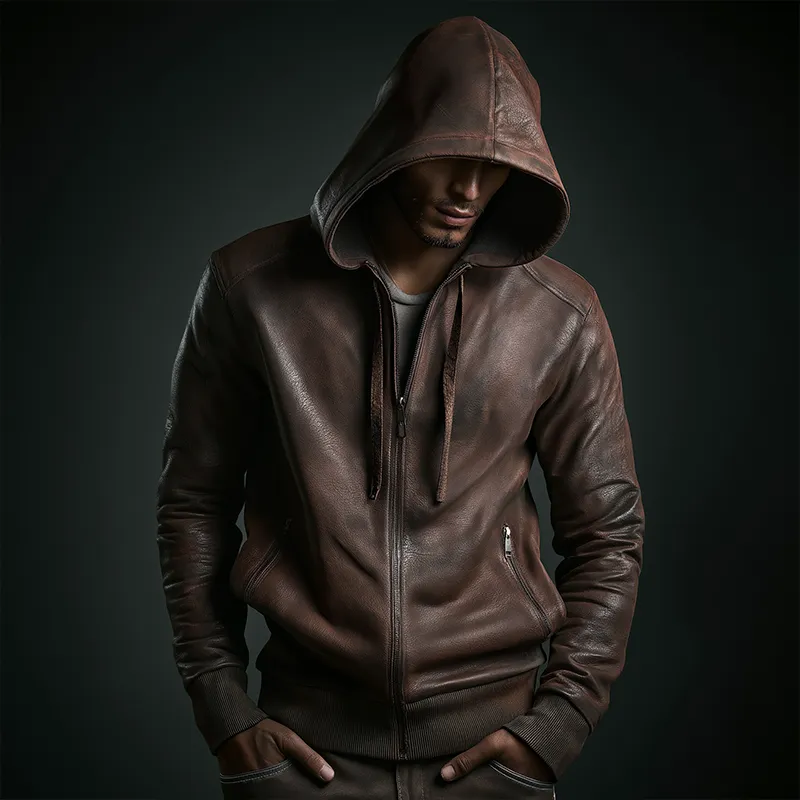 Men's Vintage Casual Distressed Hooded Leather Jacket MTA2536H8TO sold by Manly product image thumbnail 2